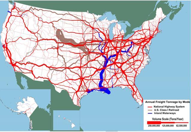 Tonnage on Highways, Railroads, and Inland Waterways: 2007 Map Key to Global Competitiveness: An