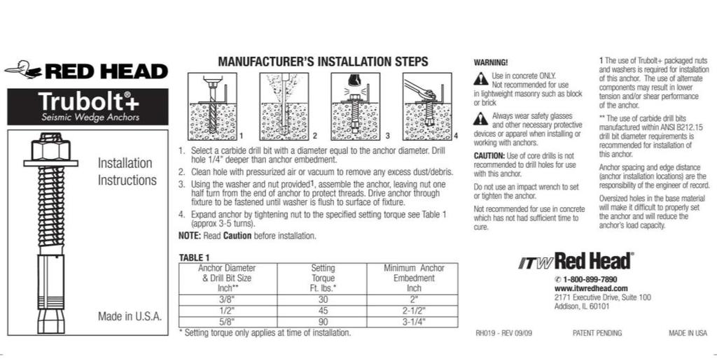 Limited Warranty Figure 6 Concrete Anchor Installation Instructions Mercer Innovation, LLC warrants the goods delivered hereunder to be free from defects in material and workmanship, under normal use
