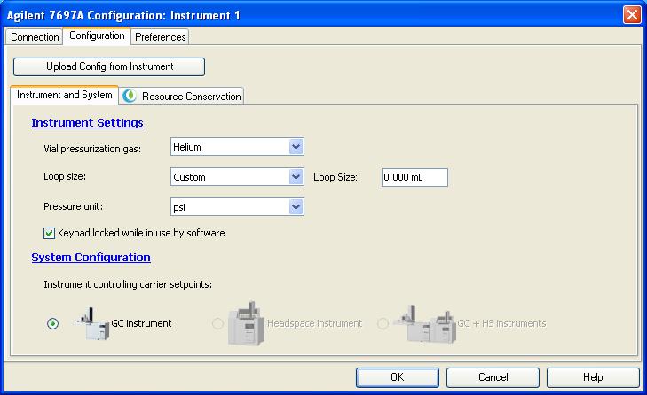 3 Select Configuration > Instrument and System (Figure 9) to configure the instrument settings and to select your desired system carrier gas configuration.