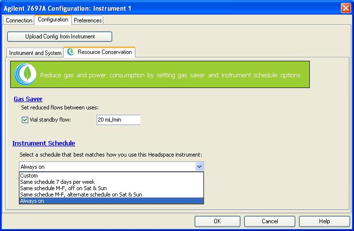 4 Select Configuration > Resource Conservation (Figure 10) to configure gas and instrument schedules that can help