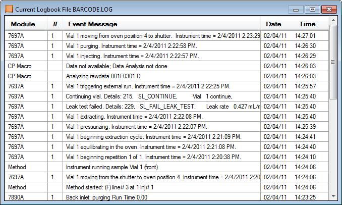 The Sequence Logbook displays the current sequence log file. This file indicates what has happened during the running of a sequence.