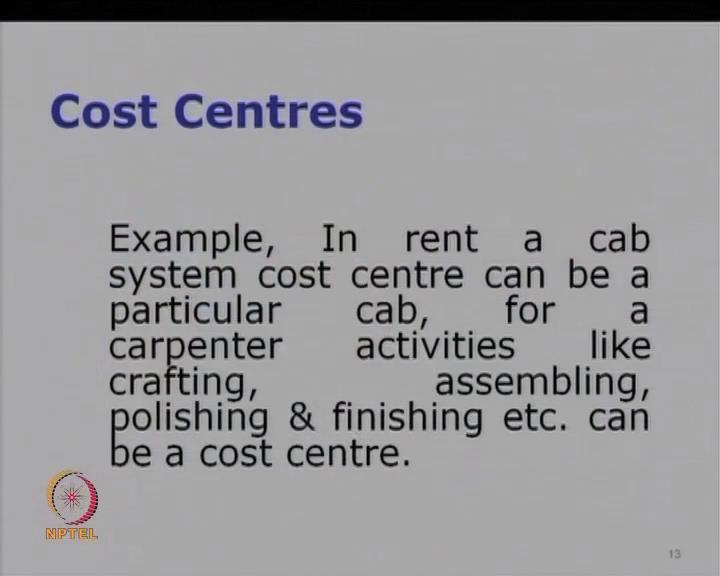 (Refer Slide Time: 32:10) Let us also take an example of a say, car or a taxi, now what happens is suppose you are operating a rent a cab system, now what will be your cost center?