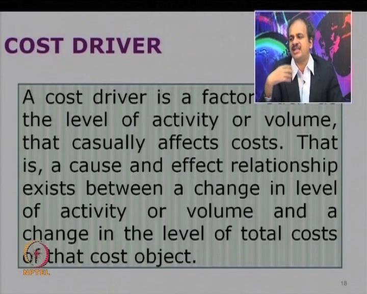 (Refer Slide Time: 39:13) Let us look at, what is the cost driver? So, it is a factor, like say, level of activity or volume that affects the cost.