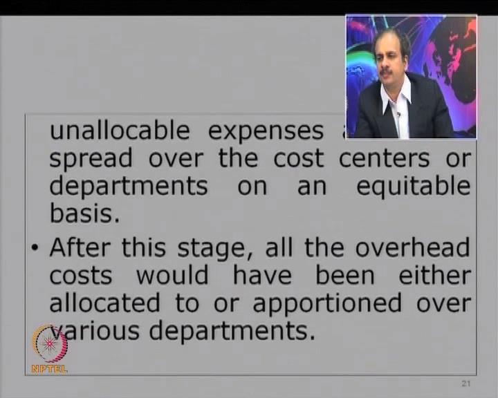 (Refer Slide Time: 44:07) So, stage number 1 was allocation at which stage all the direct expenses got charged, indirect expenses remained; in stage number 2, all the indirect expenses are also