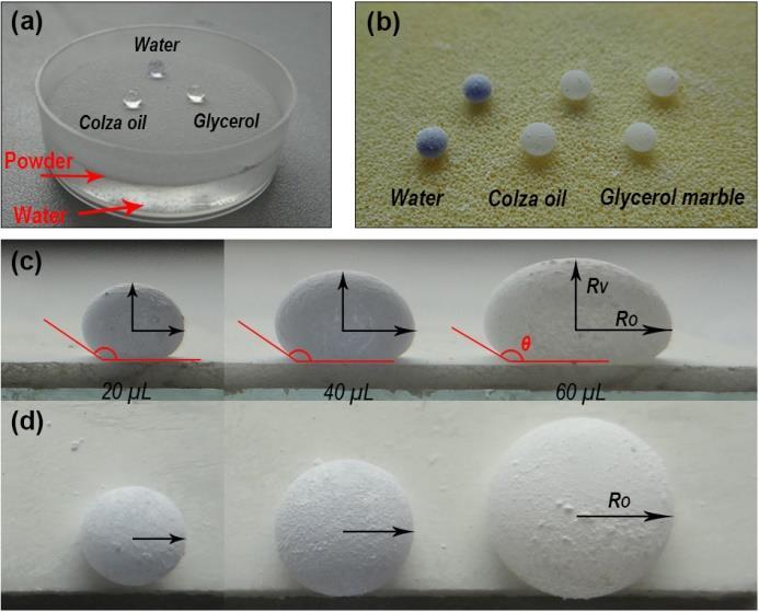 Fig. S10: (a) The state of water, colza oil and glycerol droplets on the water-supported thin powder layer.