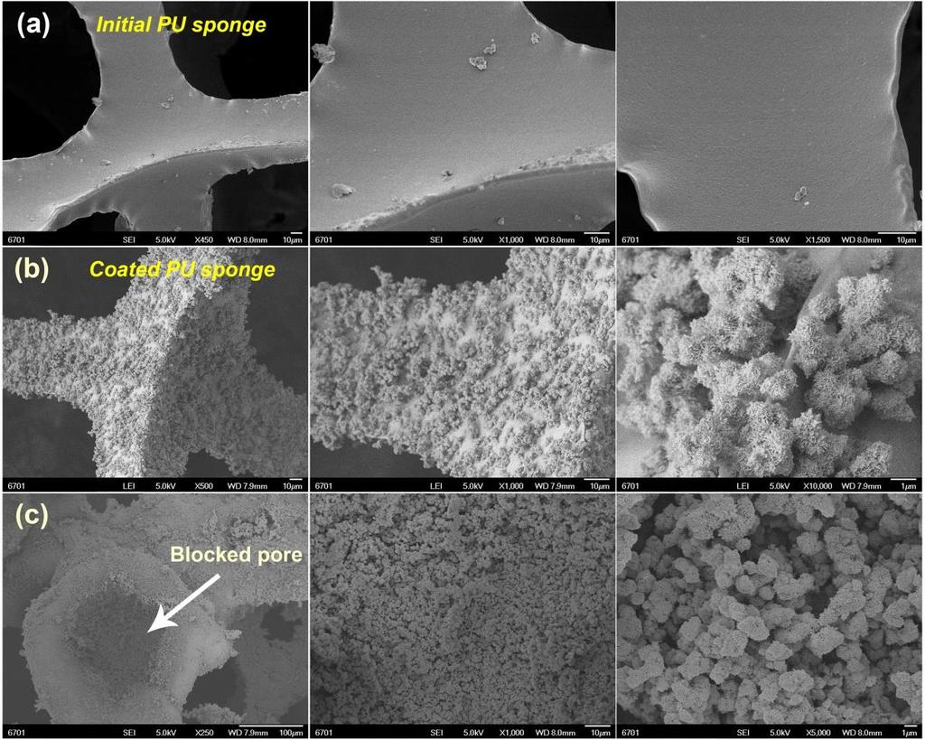 5.3. Surface morphologies of initial and coated PU sponges The host PU sponge was pre-treated with spray adhesive and bonded with the powder by sift-deposition method.