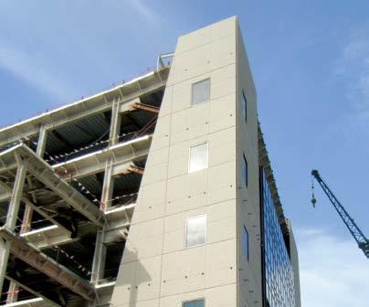 Some of the panels include a sloped right-hand face to fit against the slope of the curtain wall s left-hand side. Photo: Clark Pacific.