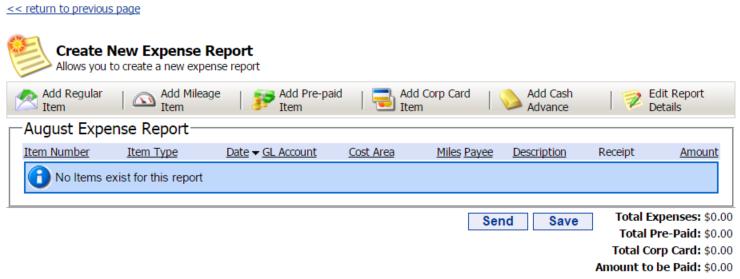 Select the Actions from the upper right corner of the My Expense Reports island. After being directed to the submission page, select Create a New Expense Report.