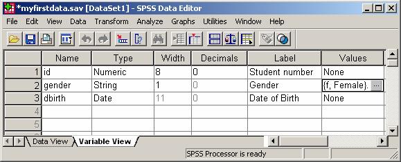 Figure 5: Variable View Window Creating the first variable: id 1. Start SPSS and open the Variable View window. 2.