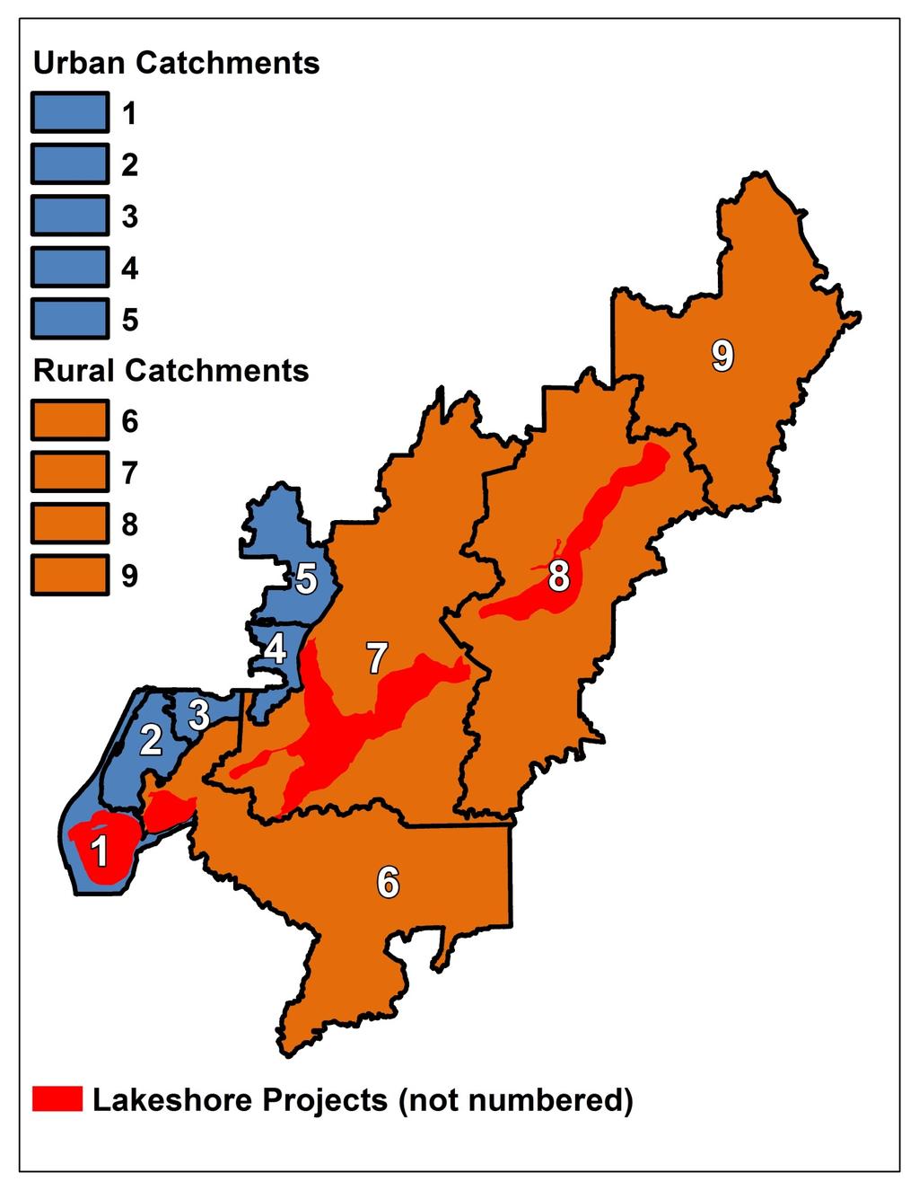 4 Executive Summary Figure 2: Areas in which projects were proposed, including urban catchments (1 5; colored blue), rural