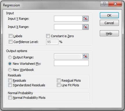 REGRESSION Select Regression from the Data Analysis Menu. You should see: You just have to be a little careful when you enter the data. Take note that it asks for the Y data first.