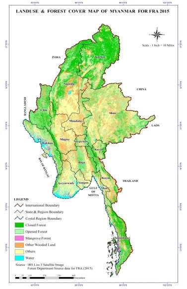 Forest Cover Status of Myanmar using 2010 Satellite data (FRA 2015 Draft) Area (,000 ha) % of total country area Closed forest 15306 22.