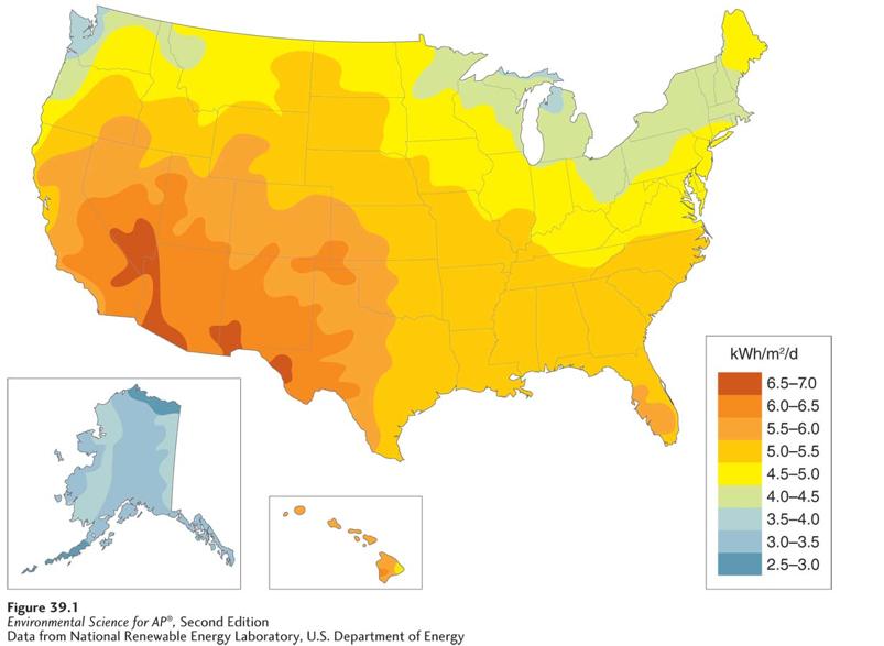 What do the colors on the map indicate? What is the kilowatt hours per square per day for: Houston, New York City, Phoenix and Cleveland?