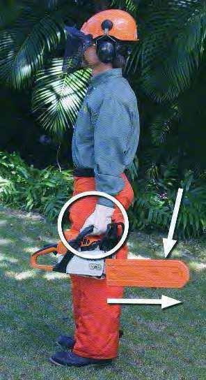 When carrying a chain saw The engine should be shut off The chain brake should be engaged The scabbard should cover the guide bar to prevent