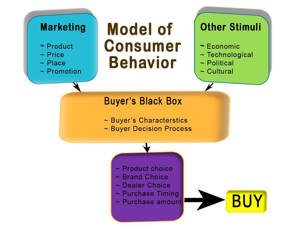 As you can see on your screens, the model of consumer behavior, the marketing mix and other stimuli forms the buyer black box or result in buyer s black box.