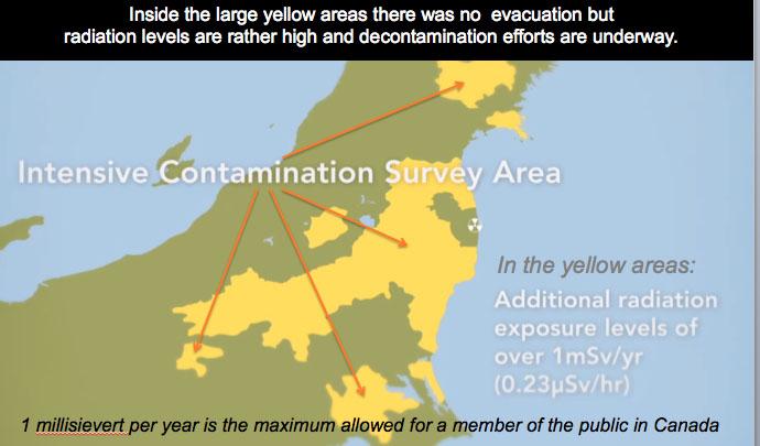 In the next graphic, the "Special Decontamination Area" appears as a green patch inside a yellow area where the radiation