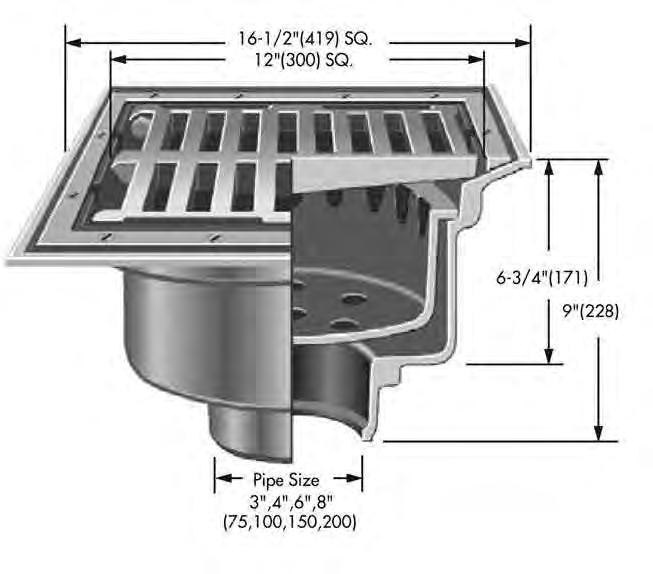 FD-480-F-1 Area Drains 12" x 12" Shallow Body Promenade Drain Catalog Number Wt., Lbs. Grate Size Outlet Size Grate List Price FD-482,3,4,6,-F-1 81 12 Sq." 3,4,6,8" nickel bronze $1,495.