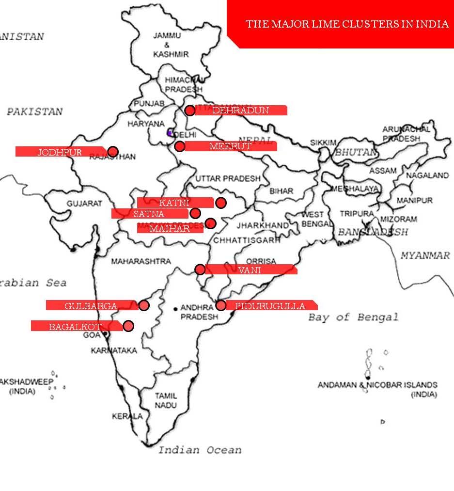 Lime cluster 1.Western region in Gujarat, Jodhpur, Jaipur and Alwar in Rajasthan, and Vani in Maharashtra 2.