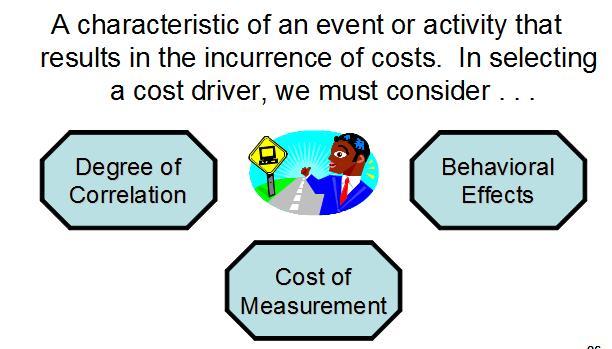 Cost driver: A plausible explanation of the cost to perform an activity. Cost-driver rate: The cost of resources consumed to perform an activity per unit of the cost driver.