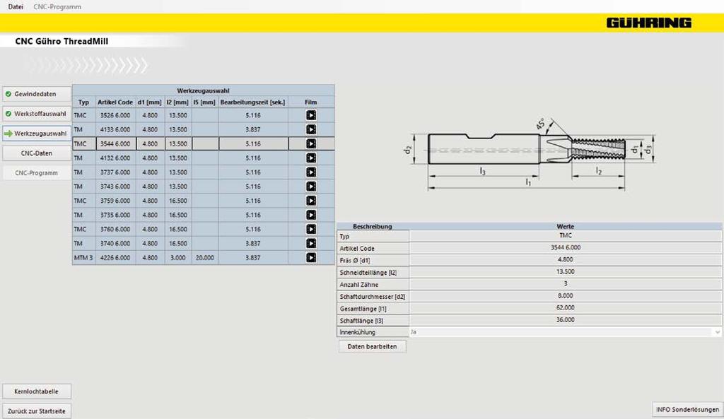 Select the tool Technical data, drawing, machining time and video simplify selection 4.