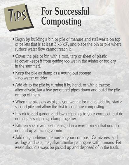 Composting Advice: Manure/compost should always be covered to prevent nutrient leaching and moisture loss.