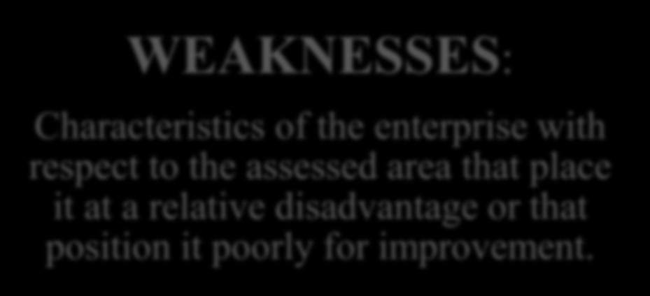 INTERNALITIES WEAKNESSES: Characteristics of the enterprise with respect to the assessed area that place it at a relative