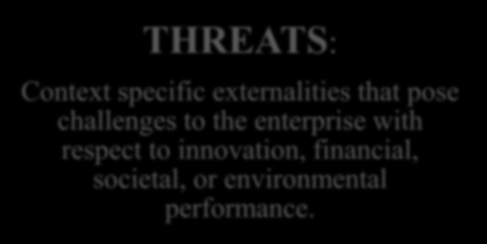Sustainable Enterprise Excellence SWOT Plot EXTERNALITIES OPPORTUNITIES: Context specific externalities that provide