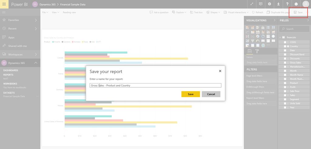 When you are done with your report, make sure to SAVE! Click on save in the upper right of the canvas screen and name your report. Now, stay in your report but read on first. Dashboards 6.