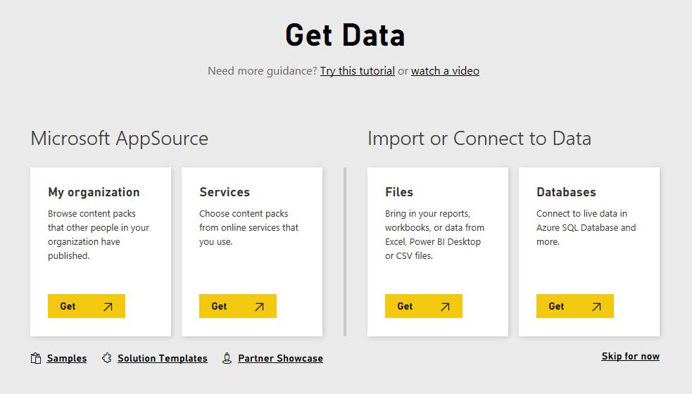 AppSource Data or Import / Connect to Data: AppSource (Content Packs) Recommended! Many apps are creating content packs for you to use with Power BI.