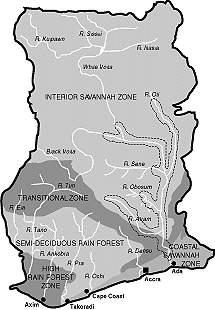 ECOLOGICAL MAP OF GHANA WHERE RICE IS PRODUCED INTERIOR SAVANNA,