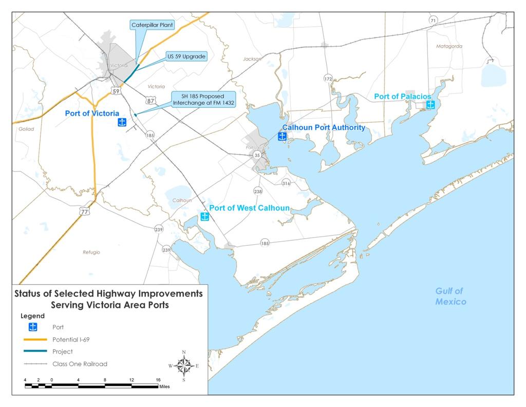 Figure 6 presents TxDOT projects in the Victoria area. These projects will benefit the Port of Victoria and the Calhoun Port Authority, as well as the Port of Palacios and the Port of West Calhoun.