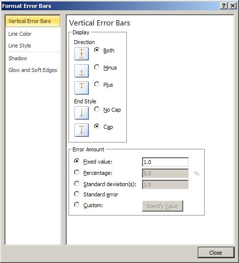 3.6.2 Change Error Bar Settings 1. On a chart sheet or in an embedded chart, click the error bar or data series that has the error bars that you want to change.