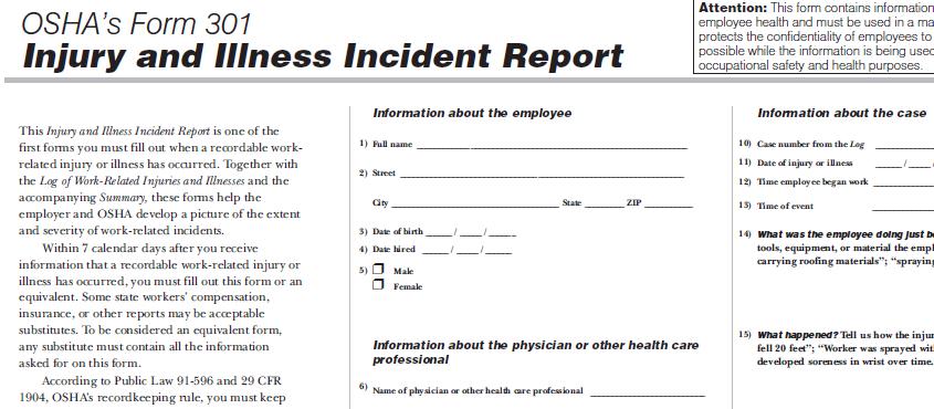 OSHA Form 301: Incident Report