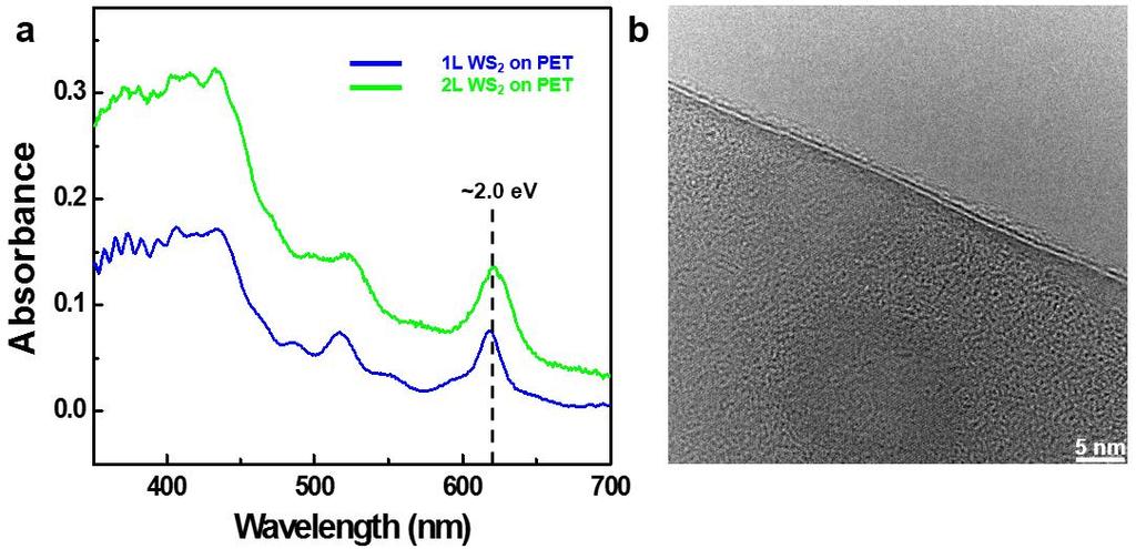 Supplementary Figure 26. (a) UV-visible absorption spectra of the WS 2 films transferred from one and two pieces of WS 2 films grown on Au foil onto a PET by roll-to-roll/bubbling.