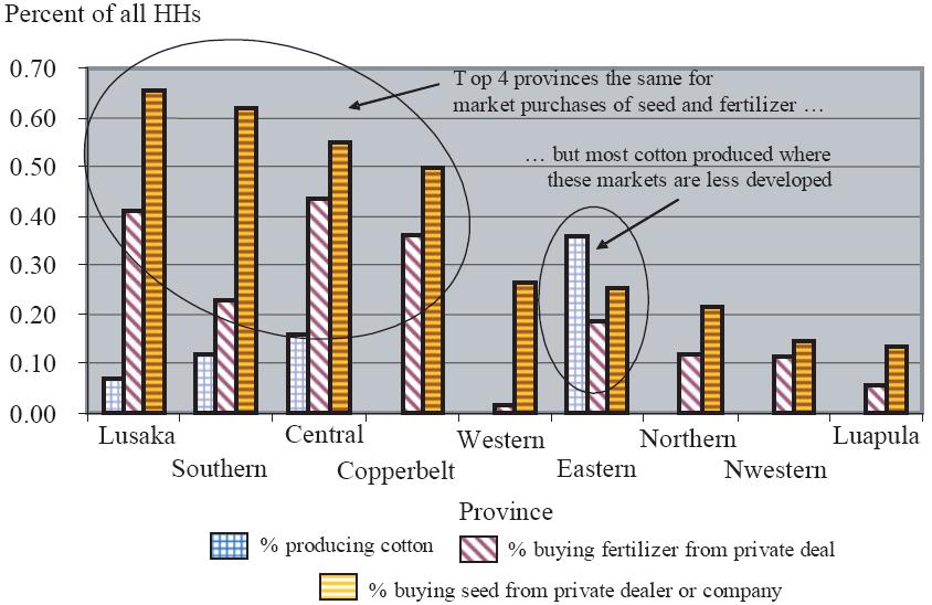 Figure 6: Spatial pattern of market purchases of seed and fertilizer, and growing of cotton Source: 2004 CSO/FSRP Supplemental Survey The spatial pattern of market purchases of seed and fertilizer