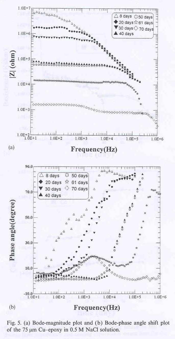 Degradation and Corrosion of Organic Film Coated Metal Gradual decrease in impedance in 40 days Impedance and phase angle do not vary in the period of 40 to 50 days.