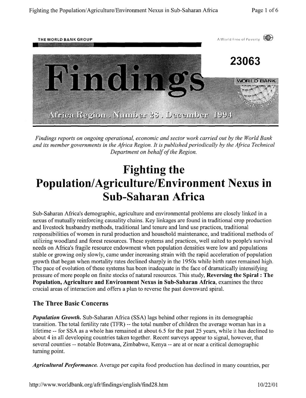 Public Disclosure Authorized Fighting the Population/Agriculture/Environment Nexus in Sub-Saharan Africa Page 1 of 6 THE WORLD BANK GROUP r ~~~~~~~23063 Public Disclosure Authorized Public Disclosure