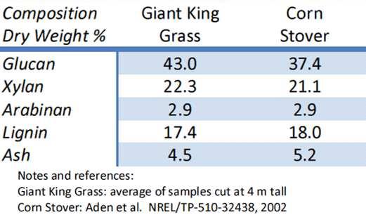 Giant King Grass is the Same as Corn Stover w/ Much Higher Yield Composition-