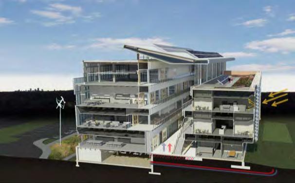 400 kw UTC Fuel Cell Energy Recovery & Heat Capture Building Microgrid Battery Storage System Four-story Galleria with Energy Dashboard & Educational Exhibits Vertical Axis Wind Turbines Electric
