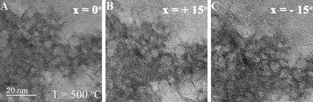 Supplementary Figure 5 Sequential micrographs of a same place upon different tilting angles in X-axis. The images were captured at the temperature of 500 o C.