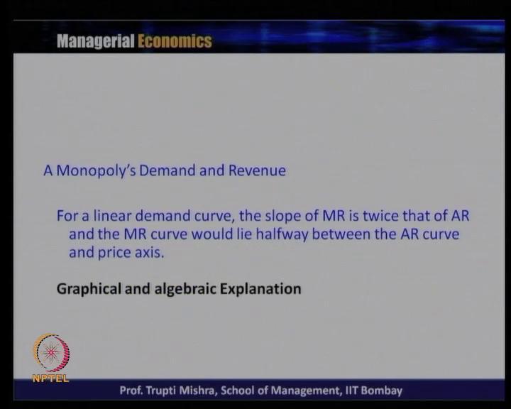 (Refer Slide Time: 30:18) Now, we will see for a linear demand curve the slope of the marginal revenue curve is twice that of average revenue curve and marginal revenue curve would lie half way