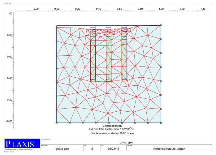Group stone column with geotextile Fig. 15 Deformed mesh (total displacement). Group stone column without geotextile Fig. 18 Load- deformation curve for group stone columns with geotextile. Fig. 16 Load- deformation curve for group stone columns without geotextile.
