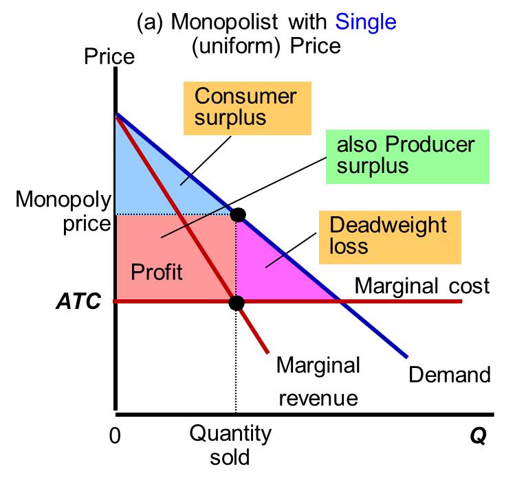 8 Monopoly with perfect price discrimination - Charge each customer a different price (which is exactly his or her willingness to pay) - As a result the monopolist gets the entire surplus (Total