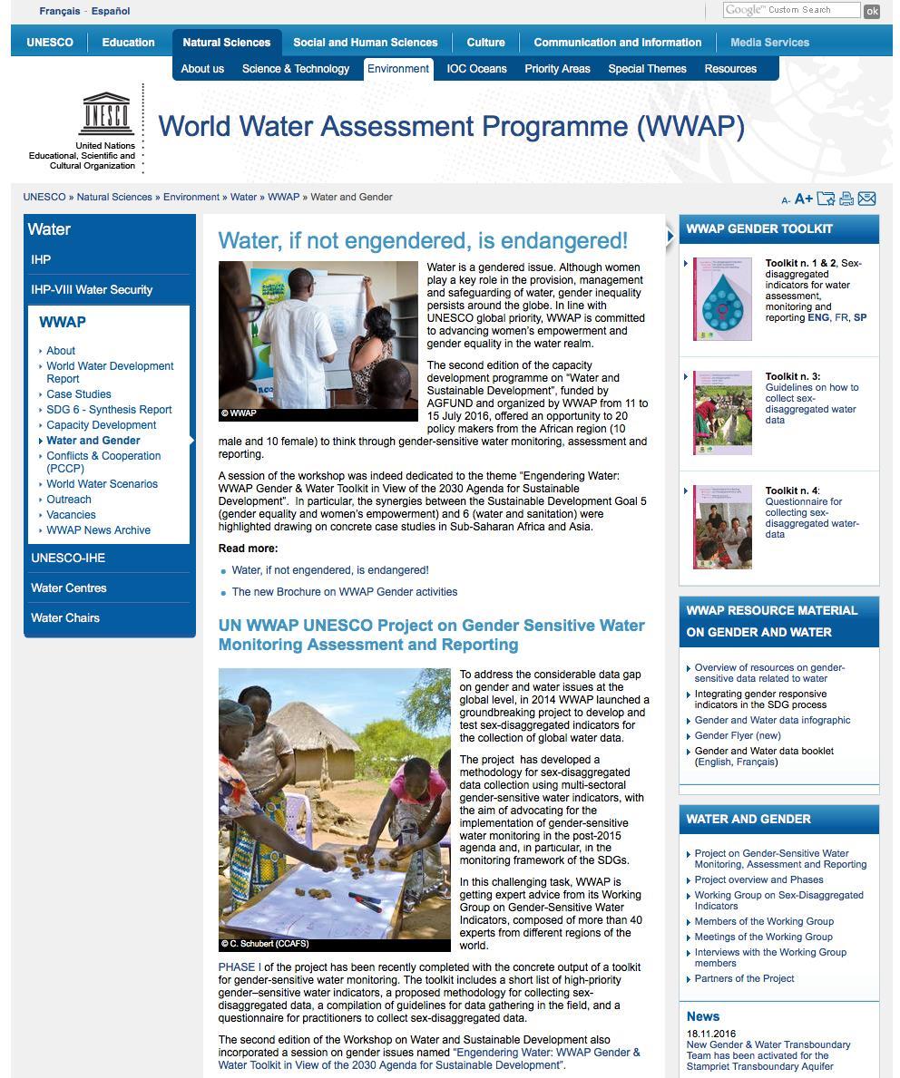 indicators for gender sensitive water assessment, monitoring and reporting.