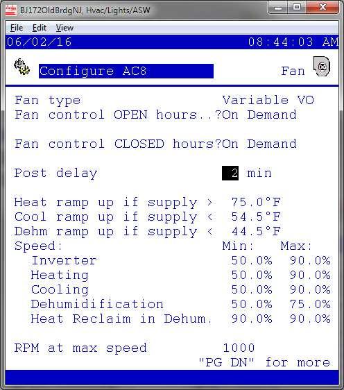 Snapshot of RTU programming in EMS. Notice we limit fan speed to no more than 90%. This equates into ~27% energy savings alone.