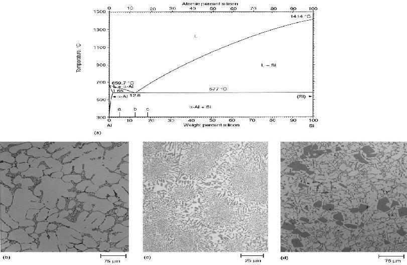 Fig. 1 (a) Equilibrium diagram for Al-Si (b) Hypoeutectic alloy microstructure Eutectic alloy microstructure (d) hypereutectic alloy microstructure [1] (c) The shape and size of silicon particles are