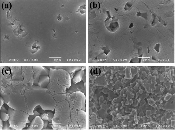 Figure 2-14. SEM images revealing surface micro-structure of the (a) as polished and corroded SSiC specimens after corrosion testing for (b) 1, (c) 5, and (d) 7 days in water at 663 K [53].