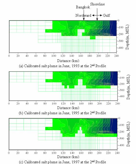 Introduction Simulated Saline Intrusion with time from 1993 to 1997 (Calibrated Period) Saltplume is driven down progressively from the upper layer to lower aquifers with time. Arlai et al.