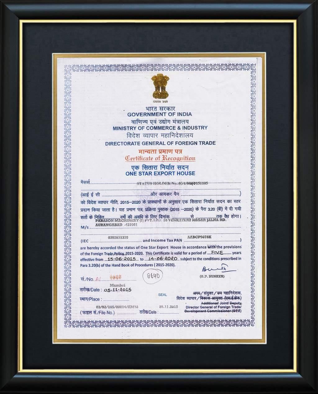 PARASON RECOGNISED "EXPORT HOUSE" BY GOVT OF INDIA Parason has earned distinction of Export House building marketing infrastructure and expertise required for export