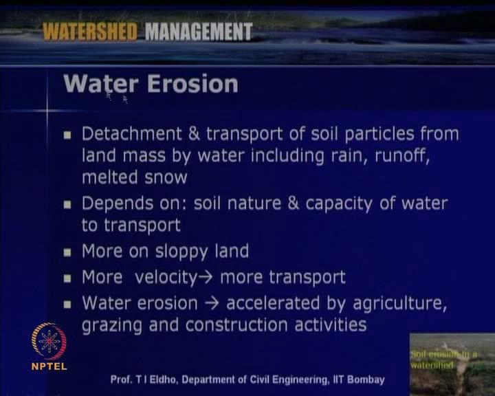 (Refer Slide Time: 19:08) So, as we already discussed, the water erosion happens due to detachment and transport of soil particles from land mass by water including rain, runoff and melted snow.